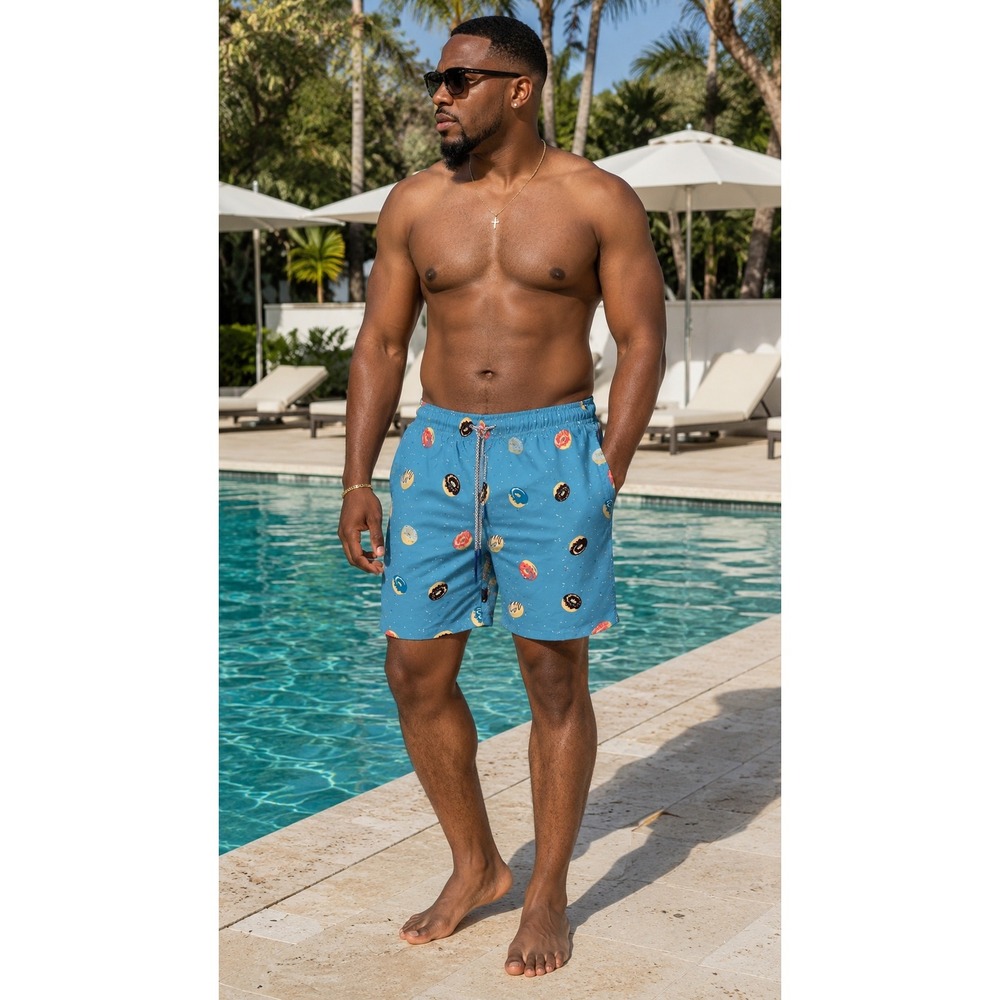 Rainforest Mens Blue Donut Print Swim Trunks Stretchy Board Shorts RF4013 Size S